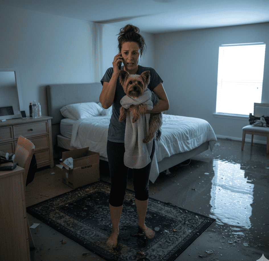 Worried mother calling for emergency Restoration Services in Palm Bay FL, due to a flooded bedroom with water on the floor.